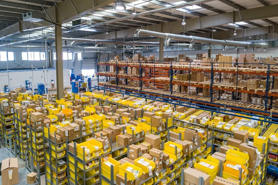 Vue intérieure d'un entrepôt logistique avec racks de stockage automatisés